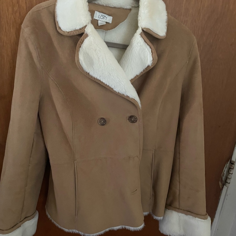 LOFT Tan and White Teddy Jacket with Fluffy Collar